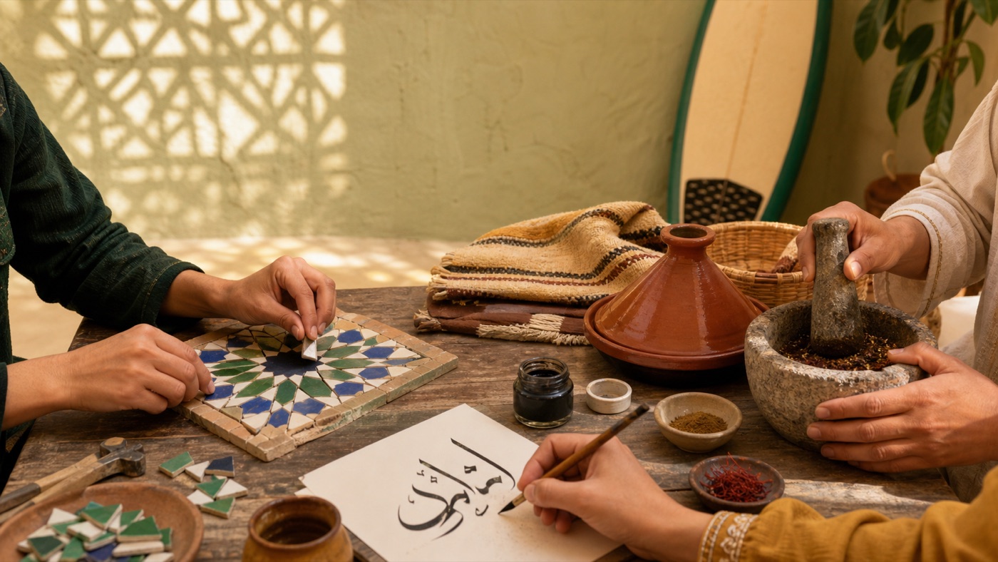 Editorial illustration of hands learning zellige, calligraphy and Moroccan cooking techniques