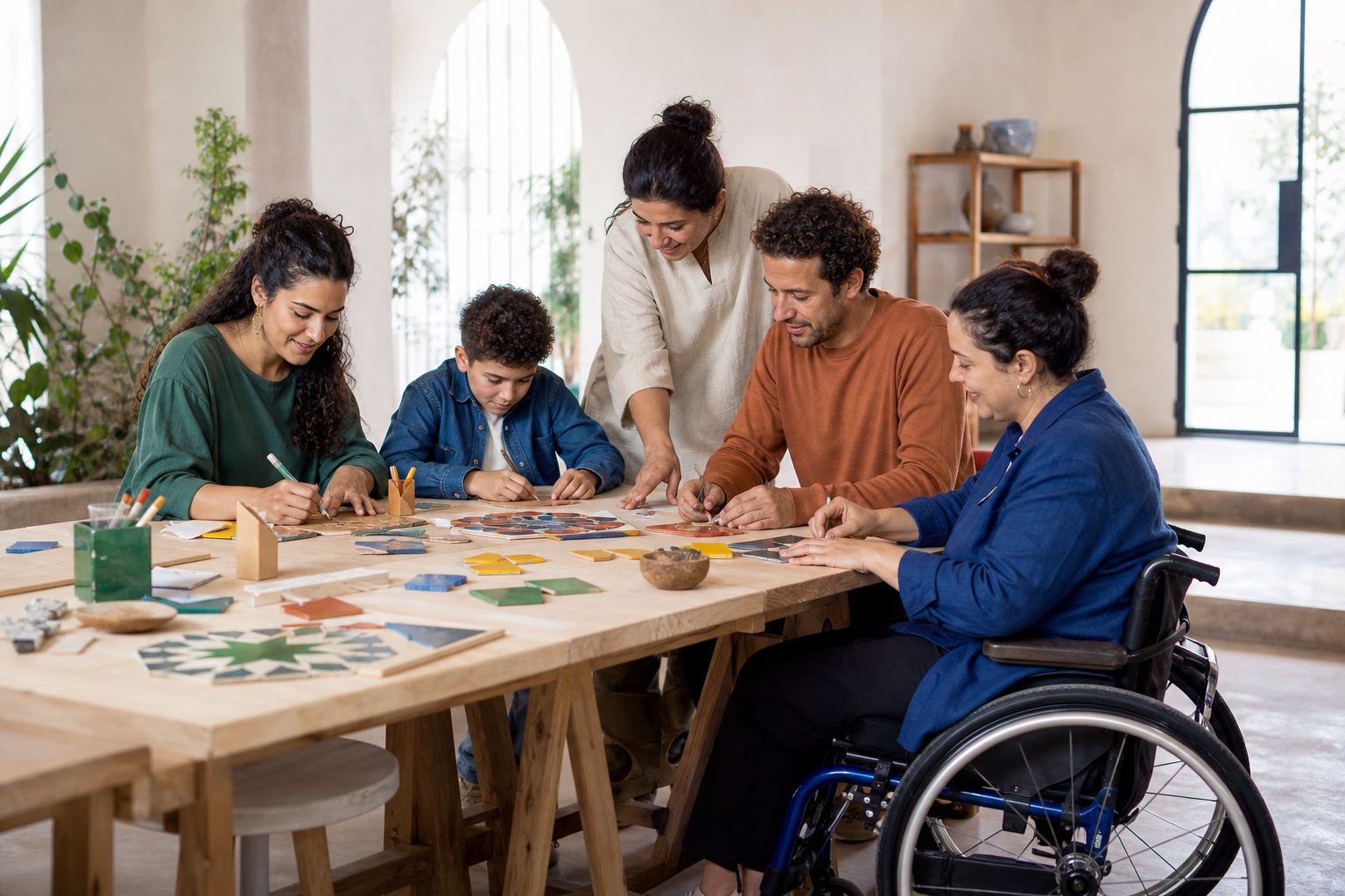 A solo adult learner joining a welcoming mixed group at a Moroccan workshop table