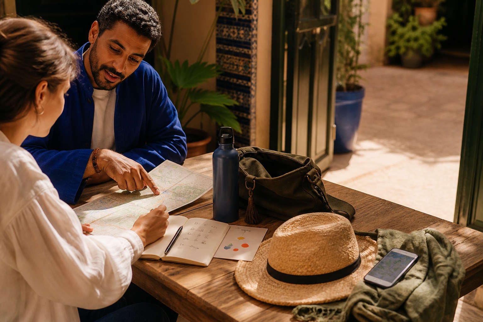 A Moroccan host helping a learner prepare suitable clothes and a practical day bag