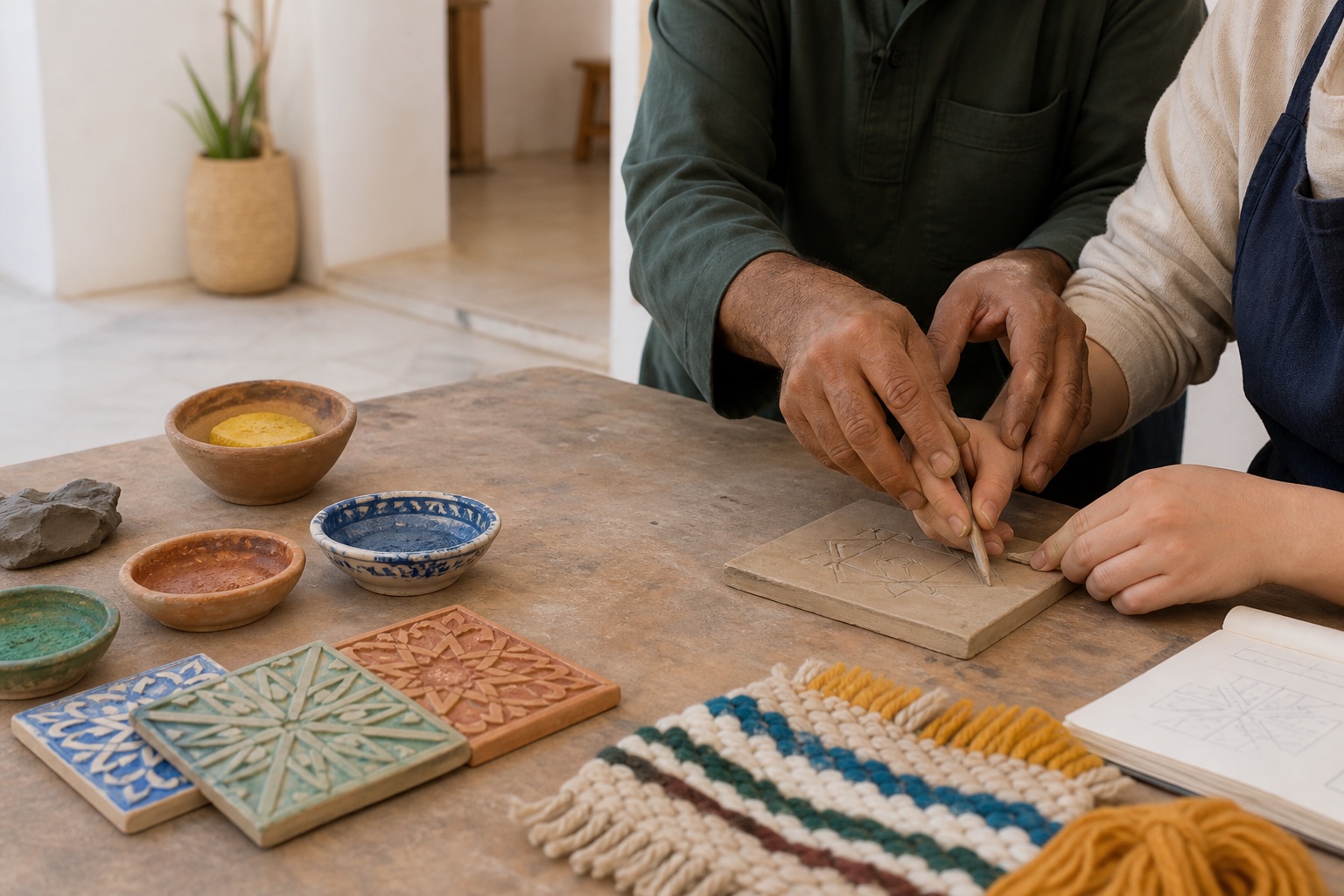 A teacher giving close, safe guidance while a learner practises with beginner tools