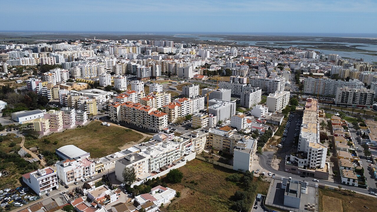 Aerial view across Faro towards the Ria Formosa
