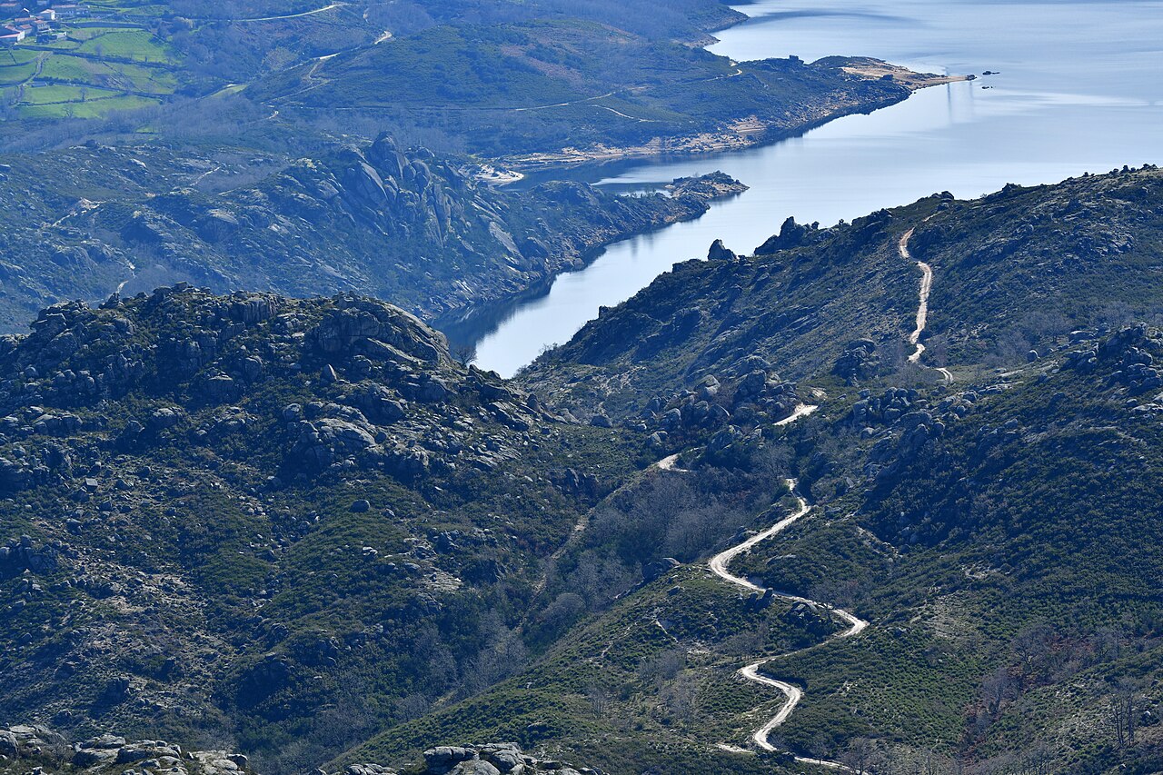 Rocky hills and a reservoir in northern Portugal