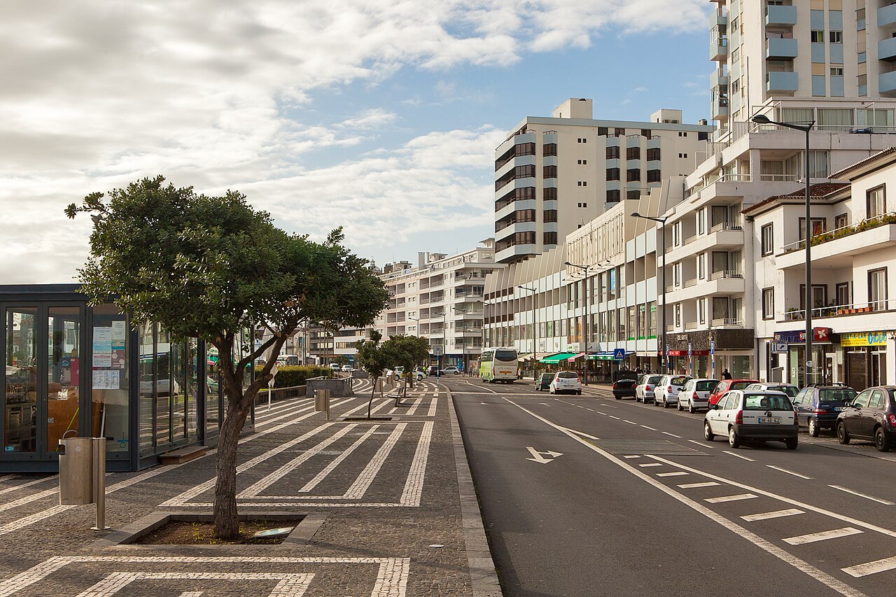 Seafront avenue and black-and-white paving in Ponta Delgada