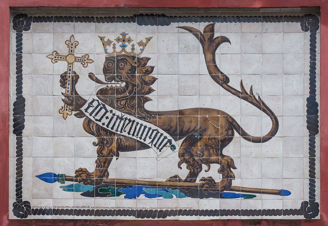 A blue-and-white ceramic tile panel in Seville's Alcázar