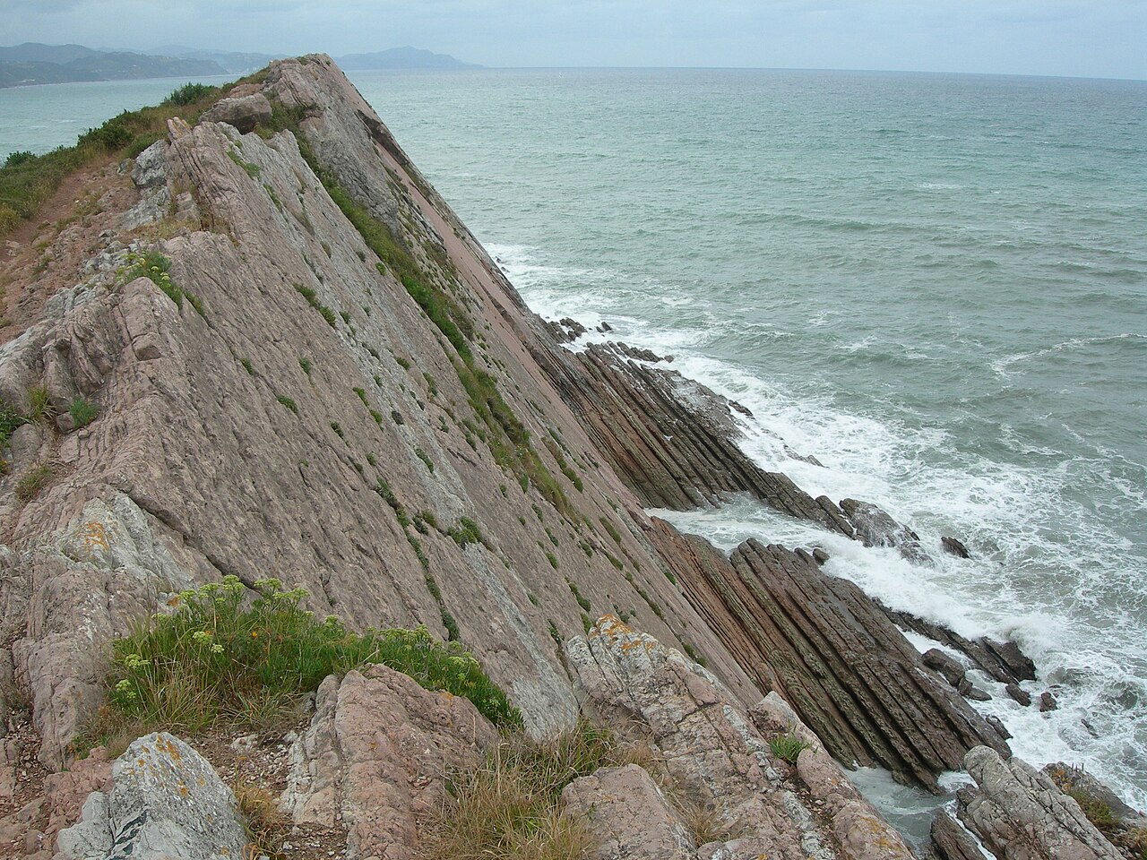 Steep flysch rock layers meeting the sea at Itzurun on the Basque coast