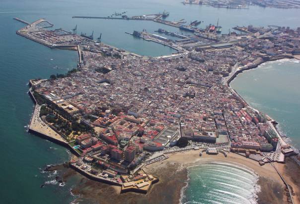 Aerial view of Cádiz on its narrow Atlantic peninsula
